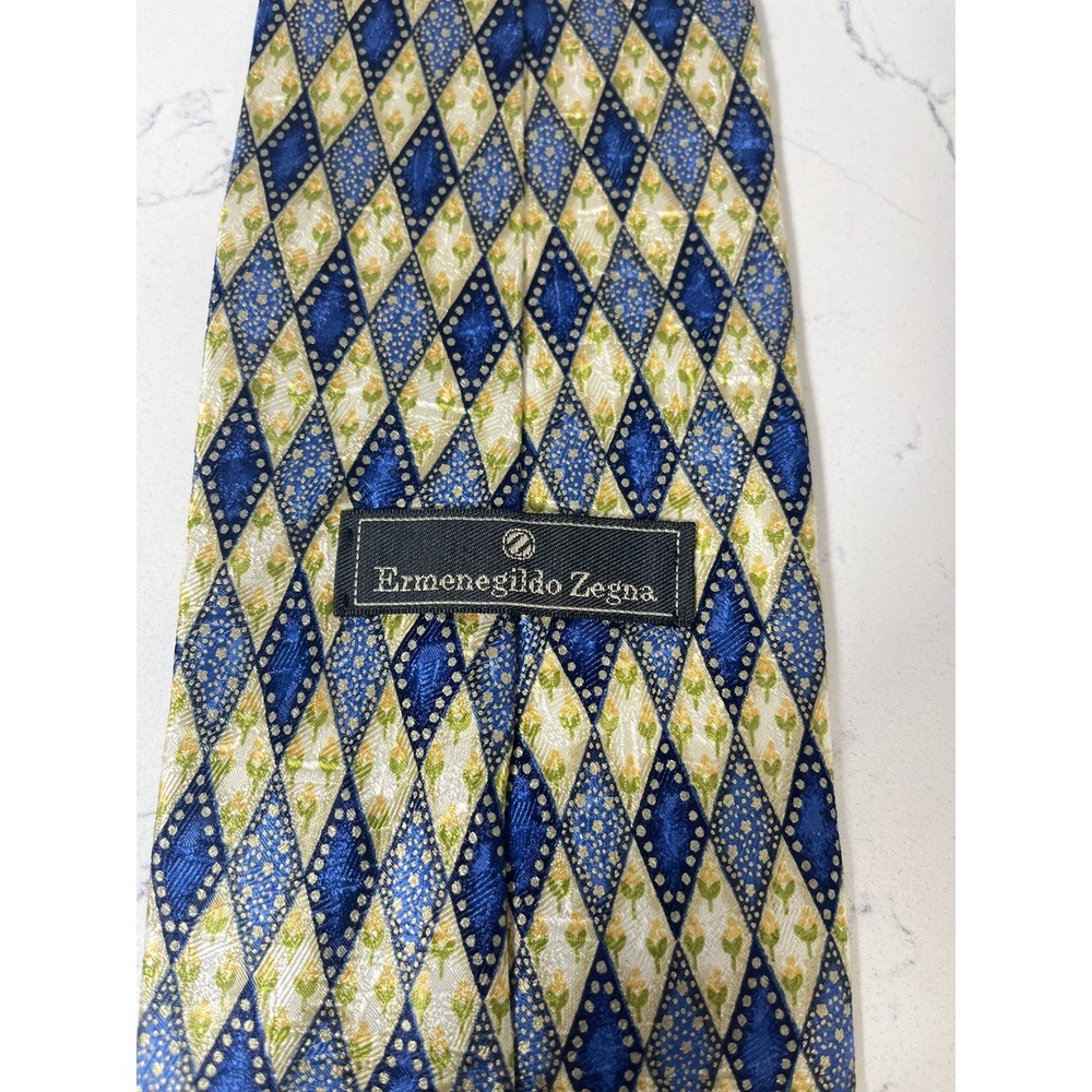 Ermenegildo Zegna Tie Blue Yellow Geometric Diamond 100% Silk Italy 57x4 Classic